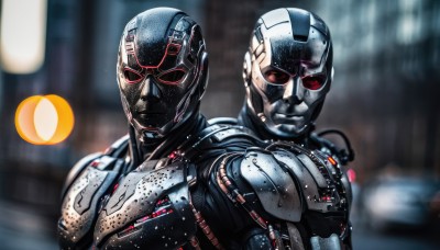 looking at viewer,red eyes,upper body,male focus,multiple boys,2boys,armor,blurry,mask,blurry background,glowing,helmet,robot,science fiction,rain,realistic,back-to-back,cyborg,power armor,cyberpunk,humanoid robot,1boy,depth of field,superhero