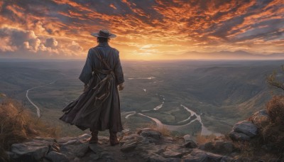 solo,black hair,long sleeves,1boy,hat,standing,male focus,boots,outdoors,japanese clothes,sky,cloud,water,from behind,tree,ocean,beach,cloudy sky,scenery,walking,sunset,rock,mountain,horizon,facing away,short hair,weapon,sword,kimono,grass,sun