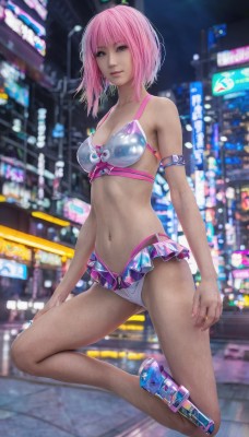 1girl,solo,breasts,looking at viewer,short hair,bangs,navel,cleavage,medium breasts,closed mouth,underwear,swimsuit,pink hair,bikini,medium hair,pink eyes,bra,blurry,lips,night,blurry background,realistic,jewelry,standing,outdoors,shoes,watermark,ring,armlet,zipper,city,unzipped,neon lights