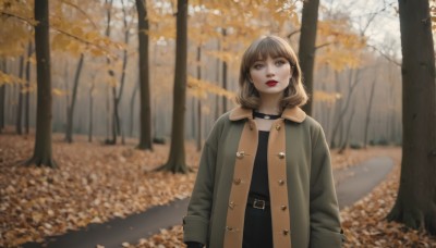 1girl,solo,looking at viewer,short hair,bangs,brown hair,shirt,long sleeves,brown eyes,standing,jacket,upper body,outdoors,parted lips,open clothes,day,belt,medium hair,blurry,tree,lips,coat,black shirt,makeup,buttons,depth of field,blurry background,leaf,looking up,lipstick,nature,buckle,forest,black belt,open coat,belt buckle,realistic,red lips,road,autumn leaves,brown coat,autumn,jewelry,earrings,choker,black choker,falling leaves