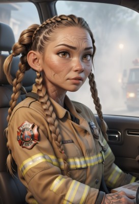 1girl,solo,long hair,looking at viewer,brown hair,long sleeves,brown eyes,jewelry,sitting,jacket,upper body,braid,heart,earrings,outdoors,parted lips,blurry,uniform,twin braids,lips,eyelashes,tattoo,blurry background,ground vehicle,motor vehicle,forehead,freckles,pocket,realistic,nose,car,badge,heart earrings,car interior,patch,steering wheel,multiple braids,gloves,dark skin,dark-skinned female,scar,dirty