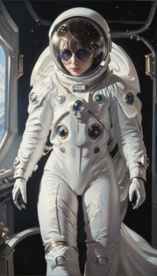 1girl,solo,looking at viewer,smile,short hair,bangs,blue eyes,brown hair,gloves,standing,glasses,white gloves,lips,bodysuit,feet out of frame,cameltoe,sunglasses,helmet,science fiction,realistic,round eyewear,red lips,space,planet,spacesuit,space helmet,astronaut,closed mouth,star (sky),tinted eyewear,earth (planet)