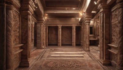 monochrome,indoors,no humans,sunlight,scenery,stairs,door,light,architecture,pillar,ceiling,hallway,carpet,arch,chandelier,column,light rays,statue