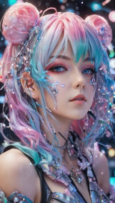 1girl,solo,long hair,looking at viewer,bangs,blue eyes,hair ornament,bare shoulders,jewelry,blue hair,upper body,pink hair,multicolored hair,parted lips,artist name,necklace,hair bun,blurry,two-tone hair,lips,eyelashes,double bun,aqua hair,gradient hair,makeup,depth of field,blurry background,piercing,lipstick,portrait,eyeshadow,realistic,nose,eyeliner,mascara,blue eyeshadow,earrings,teeth,medium hair,gem,ear piercing,close-up,beads,pearl (gemstone),thick lips