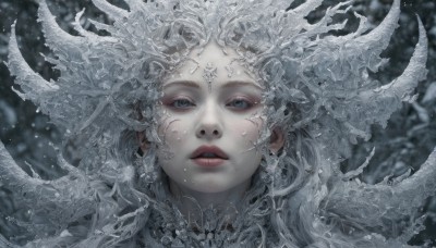 1girl,solo,long hair,looking at viewer,blue eyes,white hair,parted lips,mole,blurry,lips,grey eyes,eyelashes,makeup,depth of field,blurry background,pale skin,portrait,tentacles,realistic,red lips,straight-on,white theme,jewelry,grey hair,horns,teeth,artist name,facial mark,close-up,grey theme