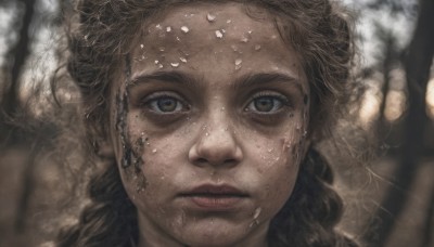 1girl,solo,long hair,looking at viewer,brown hair,black hair,1boy,brown eyes,closed mouth,parted lips,dark skin,blurry,lips,portrait,close-up,freckles,realistic,male focus,eyelashes,depth of field,expressionless,dirty,dirty face