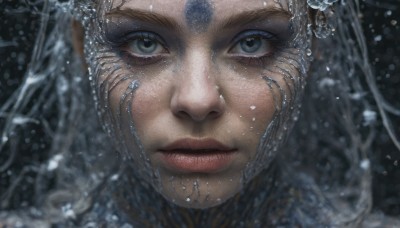 1girl,solo,long hair,looking at viewer,blue eyes,closed mouth,grey hair,parted lips,water,lips,grey eyes,eyelashes,portrait,close-up,realistic,nose,eye focus,blurry,depth of field,facial mark,freckles