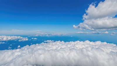 monochrome,outdoors,sky,day,cloud,blue sky,no humans,bird,ocean,cloudy sky,scenery,flying,blue theme,horizon,landscape,above clouds