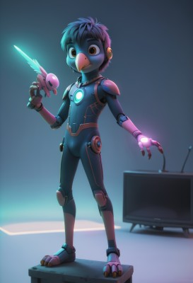 solo,smile,short hair,black hair,1boy,holding,brown eyes,standing,full body,male focus,armor,bodysuit,glowing,colored skin,robot,blue skin,joints,male child,television,shoulder pads,robot joints,looking at viewer,gloves,weapon,sword,holding weapon,bird,feathers,beak