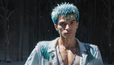 solo,looking at viewer,short hair,blue eyes,1boy,jewelry,closed mouth,blue hair,collarbone,upper body,male focus,multicolored hair,earrings,outdoors,necklace,blurry,tree,lips,coat,fur trim,aqua hair,depth of field,blurry background,piercing,pectorals,ear piercing,portrait,nature,snow,forest,snowing,realistic,stud earrings,winter,pectoral cleavage,jacket,looking to the side,scar