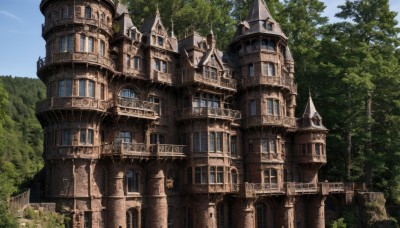 outdoors,sky,day,cloud,tree,blue sky,no humans,window,building,nature,scenery,forest,fantasy,architecture,castle,tower,arch,house,bridge