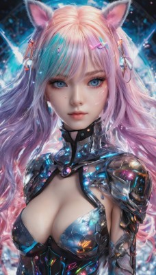 1girl,solo,long hair,breasts,looking at viewer,bangs,blue eyes,large breasts,hair ornament,animal ears,cleavage,twintails,jewelry,medium breasts,closed mouth,upper body,pink hair,multicolored hair,earrings,hairclip,cat ears,armor,mole,lips,clothing cutout,eyelashes,mole under eye,makeup,cleavage cutout,eyeshadow,nose,blonde hair,blue hair,artist name,fox ears,gradient hair,facial mark,expressionless,shoulder armor,gem,light particles,freckles,science fiction,pink lips,realistic,eyeliner,whisker markings,cyborg,mascara