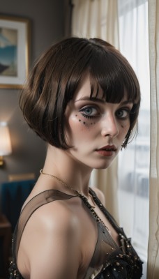 1girl,solo,breasts,looking at viewer,short hair,bangs,blue eyes,brown hair,black hair,bare shoulders,jewelry,upper body,small breasts,parted lips,indoors,blunt bangs,necklace,bra,mole,blurry,black eyes,from side,lips,grey eyes,eyelashes,mole under eye,window,makeup,depth of field,blurry background,bob cut,tank top,curtains,freckles,mirror,realistic,nose,red lips,lamp,eyeliner,mascara,dress,closed mouth,sleeveless,black dress