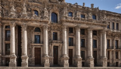 outdoors,sky,day,cloud,blue sky,no humans,window,building,scenery,stairs,architecture,ruins,pillar,statue,arch,column,bird,fantasy