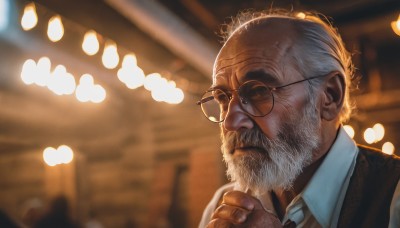 solo,short hair,shirt,1boy,white shirt,upper body,white hair,male focus,necktie,glasses,collared shirt,indoors,blurry,vest,depth of field,blurry background,facial hair,beard,black-framed eyewear,realistic,round eyewear,mustache,old,old man,bar (place),looking at viewer,closed mouth,grey hair,own hands together,portrait,light,own hands clasped,wrinkled skin