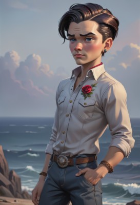 1girl,solo,looking at viewer,blush,short hair,blue eyes,brown hair,shirt,black hair,long sleeves,1boy,jewelry,closed mouth,standing,white shirt,flower,male focus,cowboy shot,earrings,outdoors,sky,day,collared shirt,belt,pants,cloud,water,bracelet,lips,dress shirt,buttons,rose,ocean,beach,cloudy sky,denim,red flower,buckle,sleeves rolled up,pocket,watch,hand in pocket,jeans,red rose,rock,belt buckle,nose,sand,blue pants,stud earrings,brown belt,breast pocket,waves,scar,horizon,wristwatch