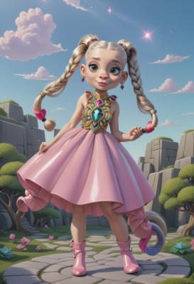 1girl,solo,long hair,looking at viewer,smile,skirt,blonde hair,hair ornament,dress,bow,bare shoulders,twintails,brown eyes,jewelry,very long hair,standing,full body,braid,flower,heart,multicolored hair,earrings,boots,outdoors,sky,sleeveless,day,artist name,cloud,necklace,twin braids,tree,blue sky,lips,bare arms,sparkle,makeup,sleeveless dress,watermark,brooch,gem,child,pink dress,pink skirt,pink footwear,female child,multiple braids,thick eyebrows,grass,aged down,multi-tied hair