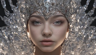 1girl,solo,looking at viewer,simple background,brown hair,brown eyes,closed mouth,water,lips,grey eyes,eyelashes,expressionless,helmet,crown,black background,gem,portrait,close-up,realistic,nose,signature,armor,straight-on