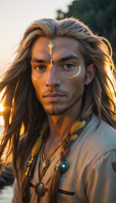 solo,long hair,looking at viewer,brown hair,1boy,brown eyes,jewelry,closed mouth,jacket,upper body,braid,male focus,outdoors,necklace,blurry,lips,depth of field,blurry background,facial hair,facial mark,dark-skinned male,gem,portrait,side braid,beard,realistic,nose,mustache,multiple braids,shirt,hair ornament,earrings,artist name,sunlight