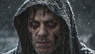 solo,looking at viewer,brown hair,black hair,1boy,brown eyes,closed mouth,yellow eyes,male focus,outdoors,hood,lips,blood,facial hair,scar,portrait,beard,scar on face,snow,hood up,rain,blood on face,snowing,realistic,blurry,close-up,serious