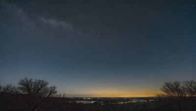 outdoors,sky,cloud,tree,no humans,night,grass,building,star (sky),night sky,scenery,starry sky,sunset,horizon,cityscape,bare tree,gradient sky,city lights