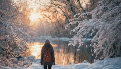 1girl, solo, 1boy, hat, standing, outdoors, bag, from behind, blurry, tree, coat, depth of field, backpack, scenery, snow, winter clothes, winter, bare tree