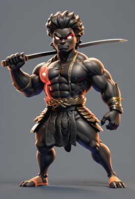 solo,looking at viewer,short hair,simple background,black hair,red eyes,1boy,navel,holding,jewelry,nipples,standing,full body,weapon,male focus,thighs,teeth,sword,dark skin,grey background,holding weapon,bracelet,muscular,glowing,colored skin,thick thighs,holding sword,abs,dark-skinned male,thick eyebrows,katana,pectorals,muscular male,bara,glowing eyes,large pectorals,topless male,over shoulder,bare pectorals,grey skin,no pupils,weapon over shoulder,biceps,black skin,thick arms,barefoot,piercing,gauntlets,ear piercing,furry,furry male,nipple piercing,white eyes,loincloth,black fur