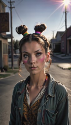 1girl,solo,breasts,looking at viewer,blue eyes,brown hair,shirt,black hair,jewelry,closed mouth,jacket,white shirt,upper body,earrings,outdoors,open clothes,sky,day,necklace,hair bun,mole,blurry,black eyes,vest,open jacket,lips,buttons,depth of field,blurry background,facial mark,sunlight,single hair bun,denim,blue jacket,building,forehead,freckles,beads,pocket,realistic,nose,sun,unbuttoned,road,power lines,street,topknot,denim jacket,short hair,collarbone,parted lips,grey eyes,makeup,piercing,backlighting,facepaint,dirty,dirty face,dirty clothes