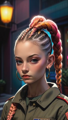 1girl,solo,long hair,looking at viewer,brown hair,shirt,hair ornament,jewelry,closed mouth,jacket,upper body,braid,red hair,multicolored hair,earrings,outdoors,artist name,dark skin,blurry,uniform,twin braids,two-tone hair,lips,grey eyes,military,eyelashes,single braid,military uniform,gradient hair,makeup,night,blurry background,lipstick,portrait,forehead,eyeshadow,hoop earrings,realistic,nose,red lips,eyeliner,mascara,multiple braids,green eyes,dark-skinned female,watermark,piercing,brown jacket,green jacket,green shirt