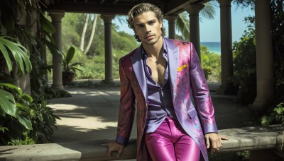 HQ,solo,looking at viewer,blonde hair,shirt,1boy,brown eyes,jewelry,sitting,jacket,male focus,earrings,outdoors,open clothes,sky,day,pants,tree,lips,coat,open shirt,facial hair,formal,suit,plant,realistic,pectoral cleavage,pillar,pink pants,brown hair,curly hair