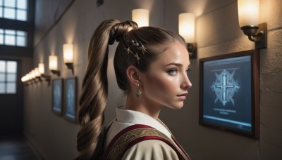 1girl,solo,long hair,blue eyes,brown hair,hair ornament,jewelry,closed mouth,upper body,ponytail,braid,earrings,indoors,blurry,vest,from side,lips,eyelashes,window,profile,high ponytail,realistic,nose,hair pulled back,hairclip,portrait,light