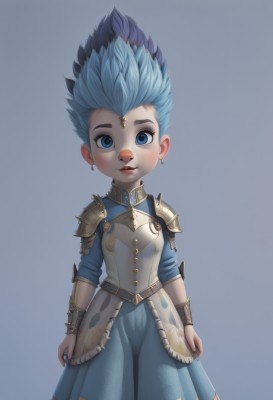 1girl,solo,looking at viewer,blush,smile,short hair,blue eyes,skirt,simple background,dress,jewelry,blue hair,standing,multicolored hair,cowboy shot,earrings,parted lips,teeth,grey background,armor,lips,makeup,blue dress,blue background,spiked hair,shoulder armor,gem,pauldrons,breastplate,arms at sides,armored dress,vambraces,bracer,two-tone hair,aged down,genderswap,genderswap (mtf),shoulder pads,saiyan armor