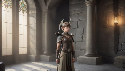 1girl,solo,short hair,brown hair,brown eyes,closed mouth,standing,horns,indoors,armor,lips,sunlight,helmet,shoulder armor,clenched hands,pauldrons,breastplate,arms at sides,vambraces,shoulder pads,pillar,arch,column,stone floor,breasts,dress,medium breasts,window,stairs,light,fake horns,bracer,arm guards