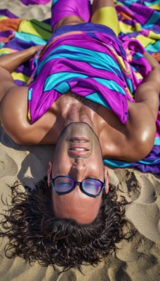 solo,looking at viewer,shirt,black hair,1boy,male focus,lying,parted lips,glasses,shorts,teeth,striped,dark skin,on back,blurry,lips,depth of field,blurry background,shadow,facial hair,sunglasses,dark-skinned male,tank top,messy hair,multicolored clothes,curly hair,realistic,male swimwear,blue-framed eyewear,bare shoulders,from above,clenched teeth,stubble,chest hair,leg hair