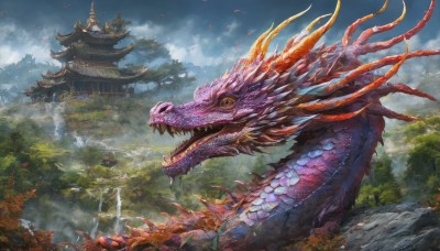 open mouth,yellow eyes,outdoors,horns,sky,teeth,day,cloud,water,tree,no humans,leaf,fangs,cloudy sky,sharp teeth,building,nature,scenery,forest,monster,mountain,fantasy,dragon,scales,architecture,east asian architecture,waterfall,pagoda,solo,river