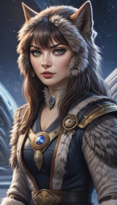 1girl,solo,long hair,breasts,looking at viewer,bangs,brown hair,animal ears,cleavage,jewelry,medium breasts,upper body,earrings,parted lips,belt,artist name,signature,necklace,lips,grey eyes,fur trim,eyelashes,makeup,lipstick,brooch,gem,star (sky),pendant,starry sky,nose,red lips,fur,aurora,black hair,sky,hood,wolf ears,animal hood