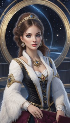 1girl,solo,long hair,breasts,looking at viewer,blue eyes,brown hair,long sleeves,dress,holding,cleavage,brown eyes,jewelry,medium breasts,upper body,earrings,parted lips,sky,artist name,necklace,bracelet,lips,grey eyes,book,fur trim,makeup,night,watermark,ring,tiara,crown,lipstick,gem,star (sky),night sky,corset,starry sky,holding book,gold trim,realistic,nose,red lips,shooting star,standing,braid