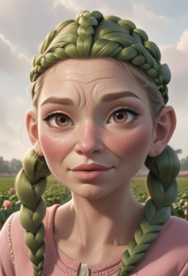 1girl,solo,long hair,looking at viewer,smile,shirt,bow,brown eyes,closed mouth,collarbone,upper body,braid,flower,hair bow,outdoors,parted lips,green hair,sky,day,cloud,blurry,twin braids,lips,blurry background,cloudy sky,portrait,freckles,pink shirt,realistic,nose,artist name,sunlight,hair over shoulder,backlighting