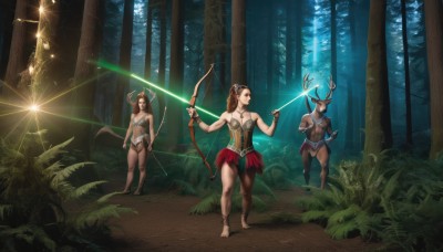 long hair,breasts,multiple girls,skirt,large breasts,brown hair,navel,holding,animal ears,cleavage,bare shoulders,jewelry,medium breasts,ponytail,weapon,outdoors,barefoot,pointy ears,dark skin,3girls,holding weapon,armor,dark-skinned female,tree,nature,forest,walking,bow (weapon),arrow (projectile),antlers,holding bow (weapon),quiver,tribal,deer,hair ornament,1boy,2girls,brown eyes,standing,braid,earrings,necklace,bracelet,sunlight,plant,polearm,elf,scenery,spear,light rays,realistic,fantasy,anklet,loincloth