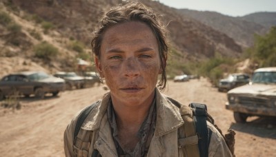 solo,looking at viewer,short hair,blue eyes,brown hair,shirt,black hair,1boy,jewelry,closed mouth,white shirt,upper body,male focus,earrings,outdoors,day,collared shirt,bag,blurry,gun,depth of field,blurry background,backpack,ground vehicle,portrait,motor vehicle,realistic,car,dirty,photo background,jacket,parted lips,tree,lips,brown jacket,mountain,road