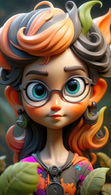 1girl,solo,long hair,looking at viewer,blush,smile,blue eyes,brown hair,jewelry,collarbone,upper body,multicolored hair,earrings,glasses,artist name,orange hair,blurry,two-tone hair,lips,makeup,depth of field,leaf,portrait,freckles,black-framed eyewear,curly hair,shirt,animal ears,messy hair,child,semi-rimless eyewear,red-framed eyewear,under-rim eyewear,leaf on head