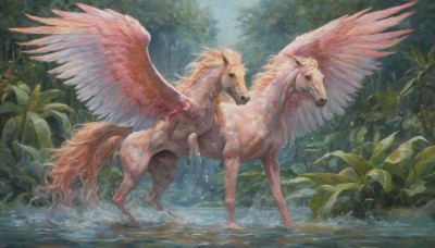 outdoors,wings,day,water,tree,no humans,animal,leaf,plant,nature,scenery,feathered wings,single horn,forest,realistic,riding,splashing,horse,unicorn,pegasus,horns,feathers