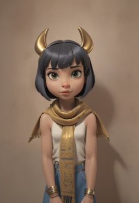 1girl,solo,breasts,looking at viewer,short hair,bangs,shirt,black hair,jewelry,green eyes,standing,white shirt,cowboy shot,small breasts,parted lips,horns,sleeveless,pants,dark skin,blunt bangs,scarf,bracelet,dark-skinned female,lips,sleeveless shirt,shadow,bob cut,denim,child,brown background,jeans,nose,female child,skirt,simple background,bare shoulders,necklace,blue skirt,fake horns,egyptian