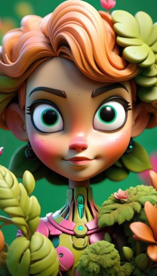 1girl,solo,looking at viewer,smile,short hair,open mouth,brown hair,hair ornament,holding,jewelry,green eyes,upper body,flower,earrings,parted lips,artist name,orange hair,eyelashes,leaf,plant,portrait,freckles,green background,blush,blurry,lips,watermark,web address