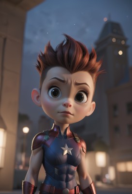 1girl,solo,breasts,looking at viewer,short hair,brown hair,1boy,brown eyes,closed mouth,upper body,male focus,red hair,multicolored hair,small breasts,outdoors,sky,belt,chibi,armor,blurry,two-tone hair,lips,bodysuit,night,depth of field,blurry background,spiked hair,building,child,night sky,male child,superhero,mohawk,gloves,muscular,abs,aged down,animification