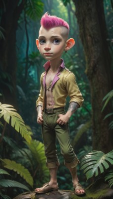 solo,looking at viewer,shirt,1boy,navel,jewelry,standing,full body,pink hair,male focus,multicolored hair,earrings,outdoors,open clothes,belt,pants,tree,open shirt,tattoo,leaf,piercing,sandals,child,nature,forest,personification,freckles,male child,very short hair,undercut,mohawk,blue eyes,boots,necklace,scar,abs,grass,topless male