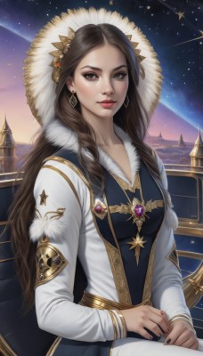 1girl,solo,long hair,breasts,looking at viewer,smile,brown hair,hair ornament,long sleeves,dress,brown eyes,jewelry,medium breasts,sitting,closed mouth,earrings,outdoors,sky,artist name,necklace,star (symbol),nail polish,lips,fur trim,makeup,night,watermark,gem,star (sky),black nails,night sky,starry sky,gold trim,nose,red lips,shooting star,braid,hood,ring,forehead,realistic,red gemstone