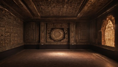 monochrome,indoors,dutch angle,no humans,window,sunlight,scenery,stairs,door,light,architecture,pillar,hallway,brown theme,carpet,church,arch,chandelier,wooden floor,clock,tiles