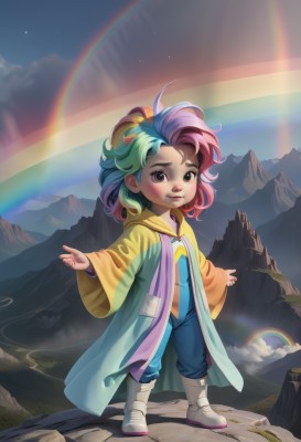 1girl,solo,looking at viewer,blush,smile,long sleeves,standing,full body,ponytail,pink hair,red hair,multicolored hair,boots,outdoors,green hair,sky,artist name,cloud,hood,wide sleeves,two-tone hair,watermark,white footwear,child,web address,personification,mountain,female child,overalls,rainbow,raincoat,rainbow hair,short hair,brown eyes,blue hair,aged down,robe