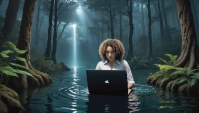 1girl,solo,long hair,looking at viewer,brown hair,shirt,closed mouth,white shirt,outdoors,collared shirt,dark skin,water,dark-skinned female,tree,lips,night,leaf,sunlight,plant,nature,scenery,forest,partially submerged,reflection,curly hair,light rays,light,computer,ripples,laptop,afro,pond,dress shirt,wading,realistic,nose